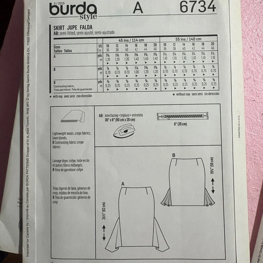 BN UNCUT BURDA 6734 PENCIL SKIRT SEWING PATTERN